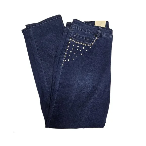 Women’s Straight Leg Dark Blue Jeans with Stud Embellishment - Picture 1 of 15